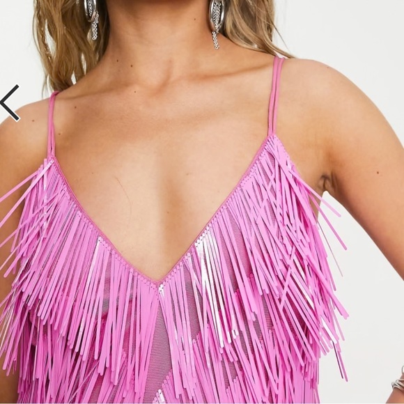 ASOS Design Cami Mini Dress with Embellished Tassels in Pink and Silver Size 0 - Picture 3 of 14